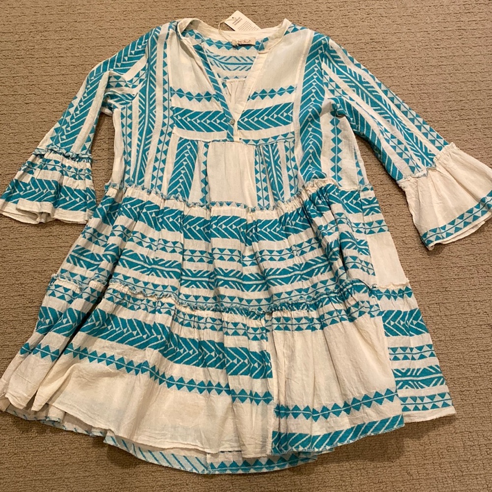 Women’s NWT Handmade Flowy Dress by Sofia Made in Italy, Turquoise and cream,